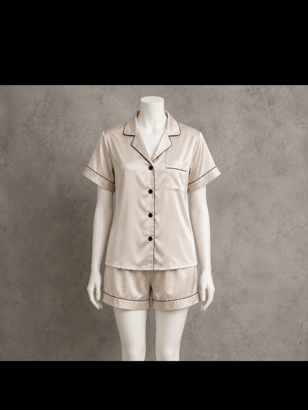 Women's Satin Short Pajama Set in Light Beige with Black Piping